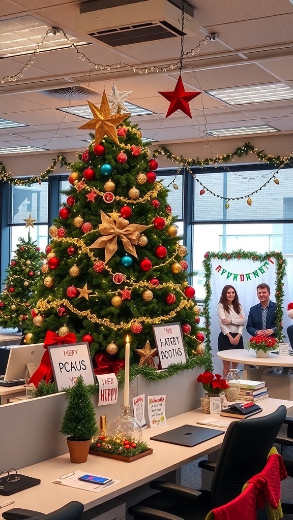 An office decorated for Christmas with a tree, lights, and festive decorations.